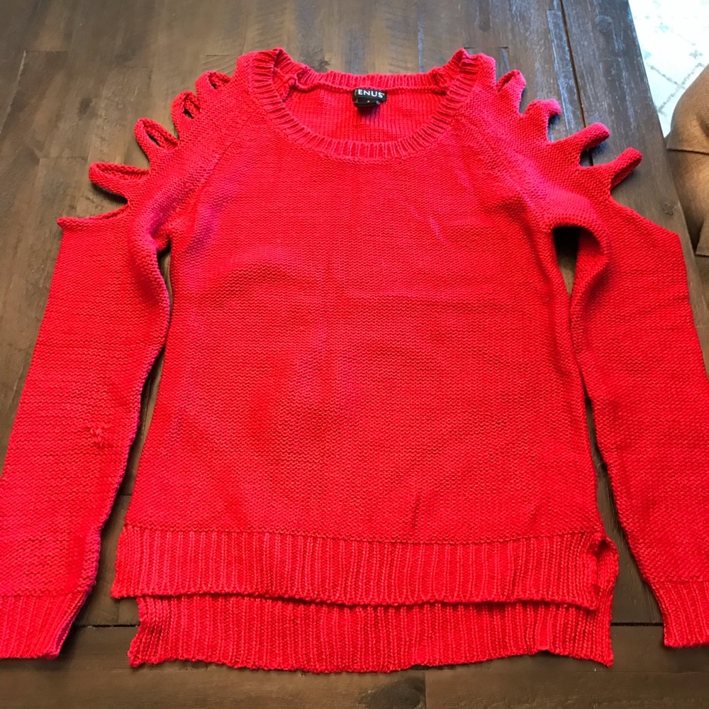 Sexy red sweater with cut out shoulders